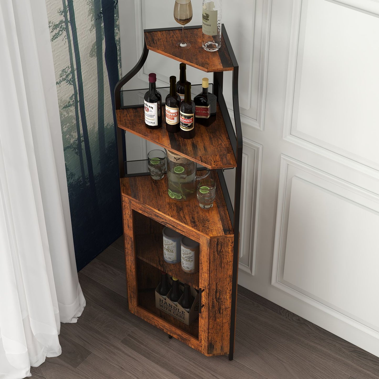 Modern Wine & Liquor Corner Bar Cabinet with Glass Rack - -Standing Storage Cabinet Suitable for Living Room, Dining Room - Wine Shelf with Mesh Door & Assembly Required