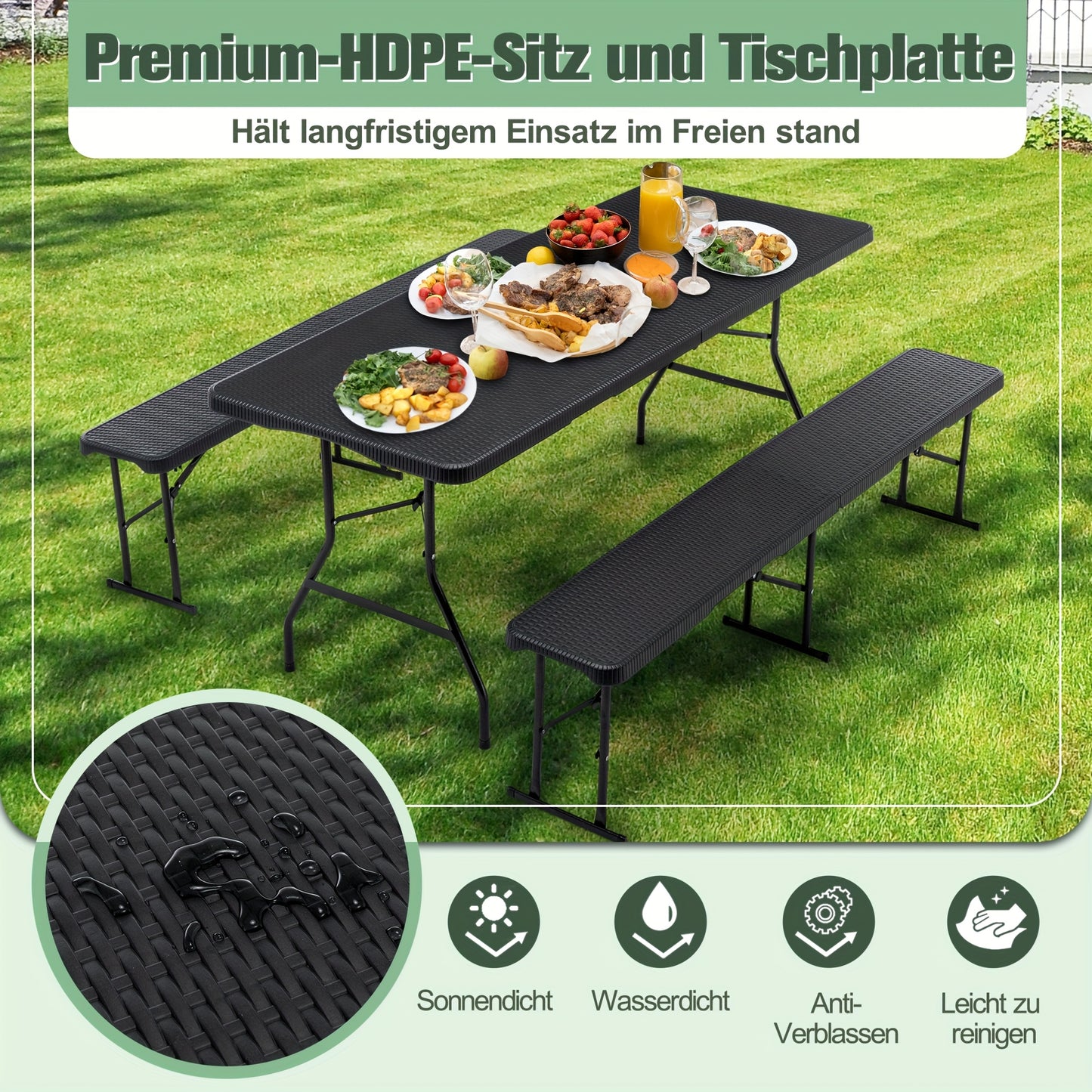 Opvouwbare Tuinset – Buffettafel – Bierbank – Campingtafel – Picknicktafel – Ruimte voor 8 Personen – Weerbestendig Kunststof Met Stalen Frame