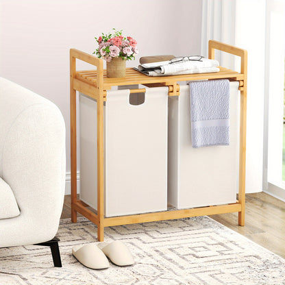 Wasmand – Wasbak – Wasmand Met Vak – Wascontainer – Waskrat – 3 Compartimenten – Bamboe Met Plank – Afneembare Waszakken