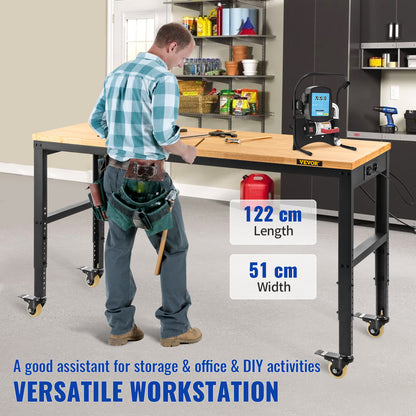 Werkbank – Opvouwbare Werktafel – Werkbank Met Lades – Verstelbare Werktafel – Mobiele Werkbank – Massief Houten Werkblad 122x51 cm – Ingebouwd Stopcontact Met USB Poorten