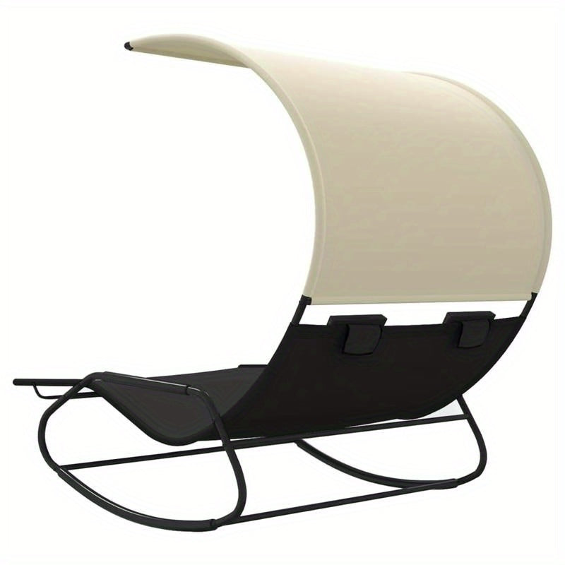 Twee Persoons Schommelstoel – Dubbele Loungestoel – Patio Schommelstoel – Tuinstoel Met Overkapping – Zwarte Stalen Frame – Ergonomisch Zitcomfort – Crèmekleurige Zonwering