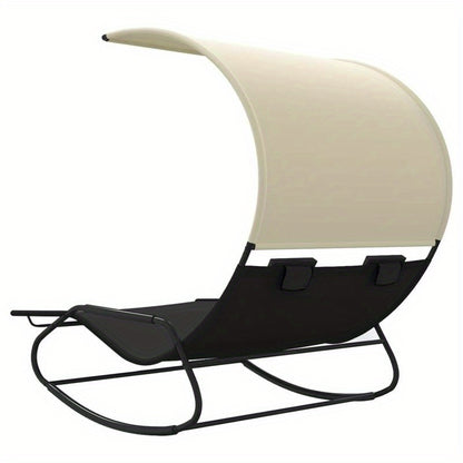 Twee Persoons Schommelstoel – Dubbele Loungestoel – Patio Schommelstoel – Tuinstoel Met Overkapping – Zwarte Stalen Frame – Ergonomisch Zitcomfort – Crèmekleurige Zonwering