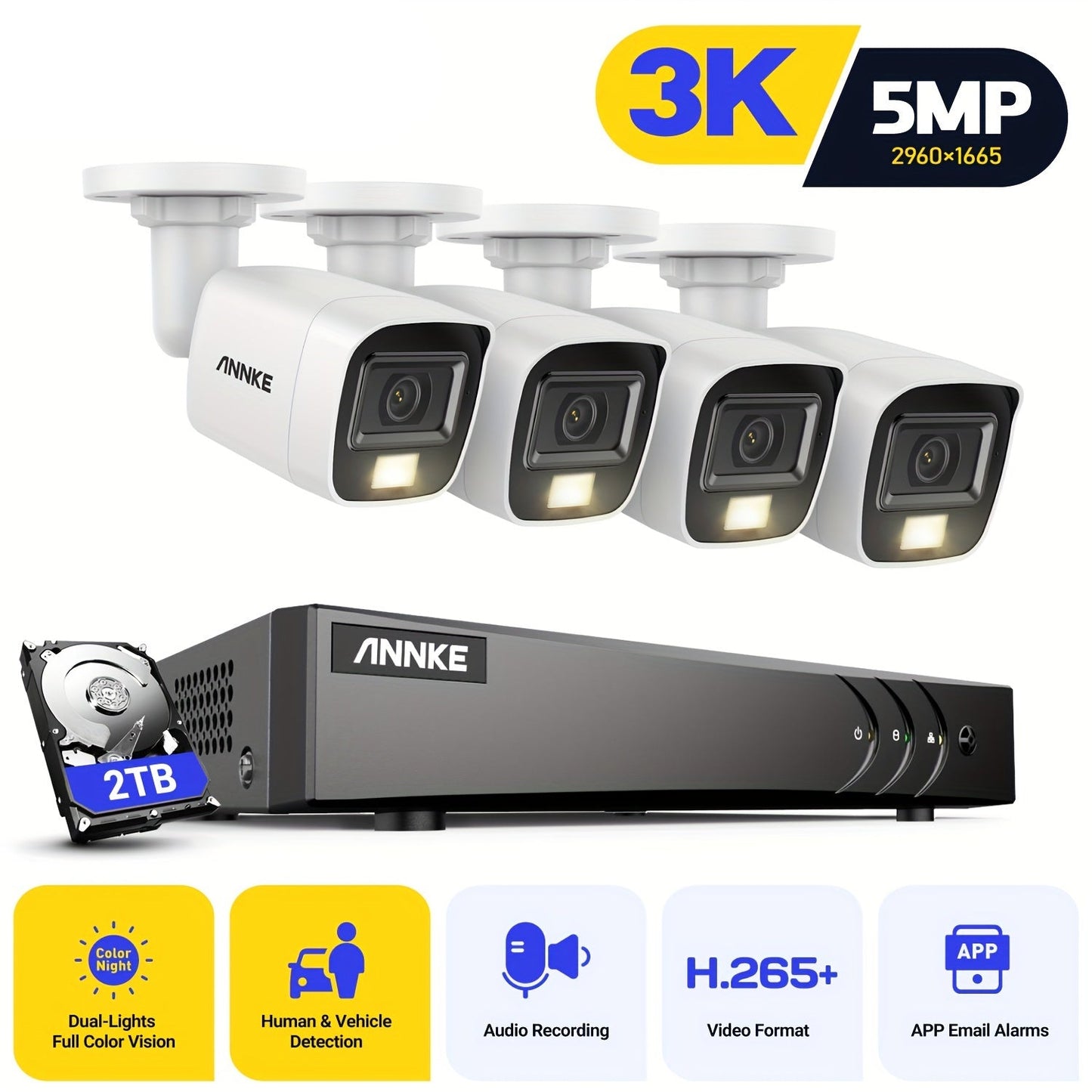4-camerabeveiligingssysteem – Bewakingscamera Set – CCTV Camera Kit – Videobewaking – Binnenbeveiliging – Wit – 2TB Opslag – Colour Night Vision – Mensen- en Voertuigdetectie
