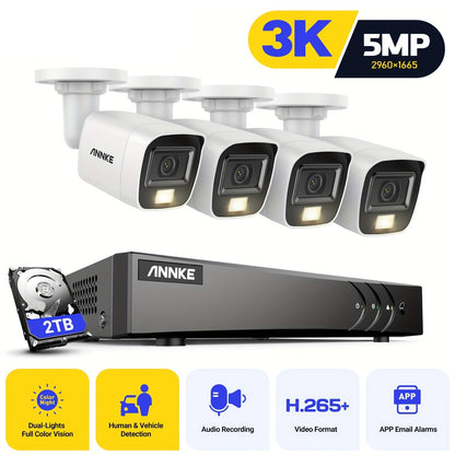 4-camerabeveiligingssysteem – Bewakingscamera Set – CCTV Camera Kit – Videobewaking – Binnenbeveiliging – Wit – 2TB Opslag – Colour Night Vision – Mensen- en Voertuigdetectie