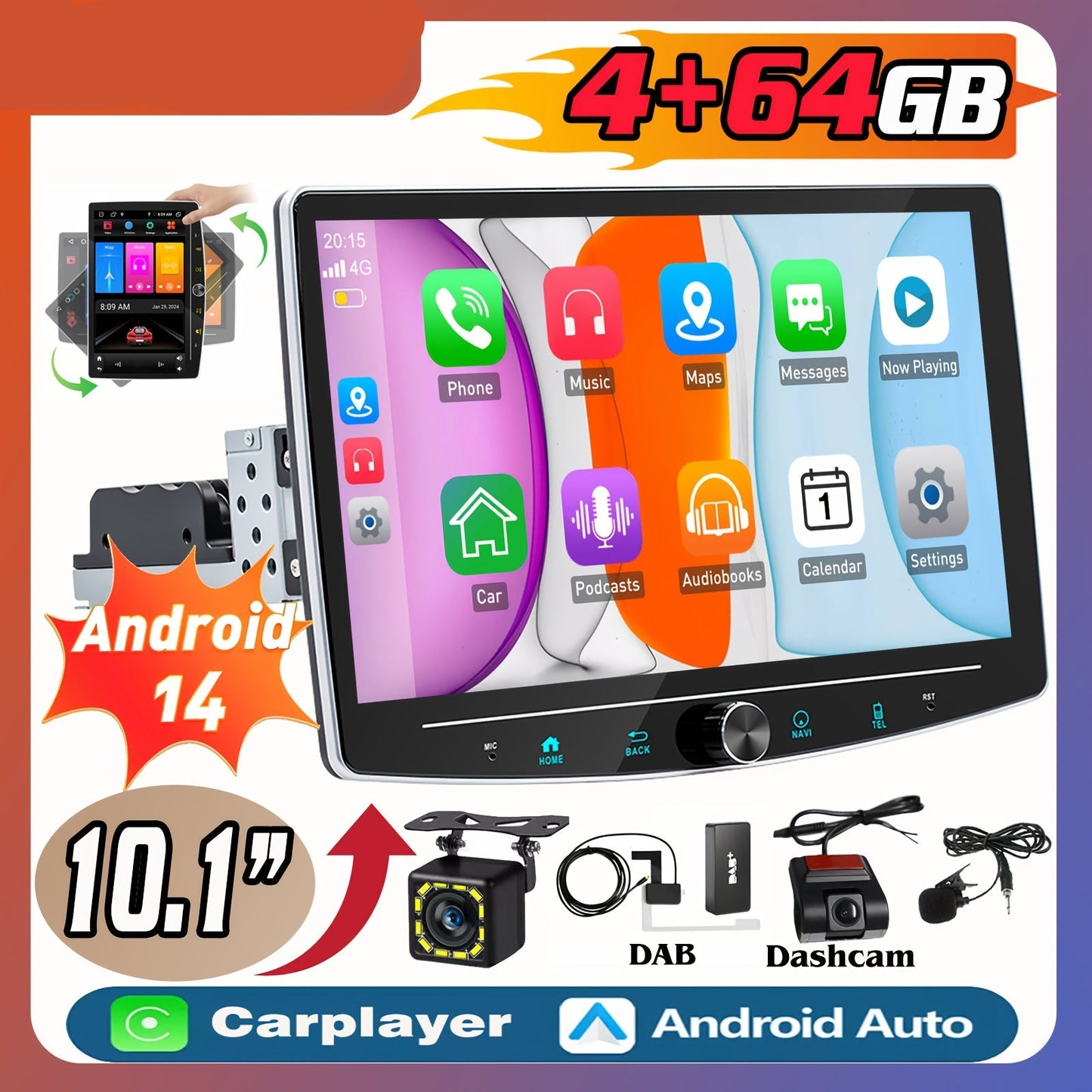 Autoradio – Autostereo – Multimedia Speler – DAB+ Radio – Touchscreen – 10,1” Roterend HD Scherm – Android 14.0 – Inclusief 12-LED Camera & USB Dashcam