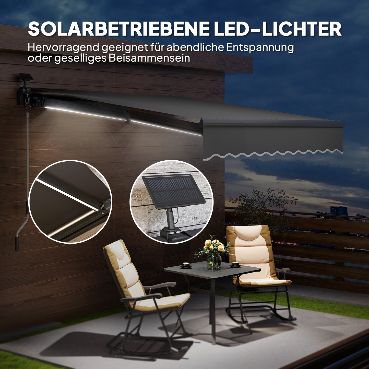 Zonnescherm – Knikarmscherm – Handbediend Zonnescherm – Uitvalscherm – Terrasscherm – Grijs – 300 cm Breed – Zonne-energie LED Verlichting