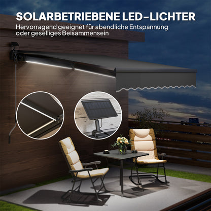 Zonnescherm – Knikarmscherm – Handbediend Zonnescherm – Uitvalscherm – Terrasscherm – Grijs – 300 cm Breed – Zonne-energie LED Verlichting