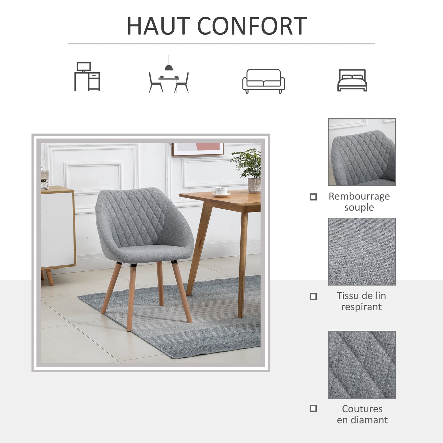 HOMCOM Set of 2 Dining Chairs Scandinavian Design - Tapered Legs Beech Wood - Seat Backrest Armrests Ergonomic Linen Grey