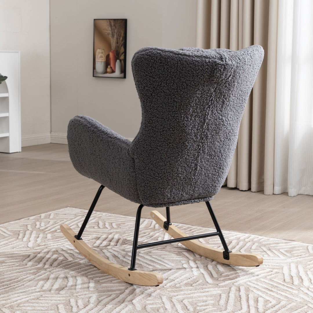 Schommelstoel – Relaxstoel – Fauteuil – Voedingsstoel – Loungestoel – Ergonomisch Design – Memory Foam Zitting – Hoge Rugleuning – Teddy Stof – Massief Houten Frame – Handmatig Schommelmechanisme – Grijs