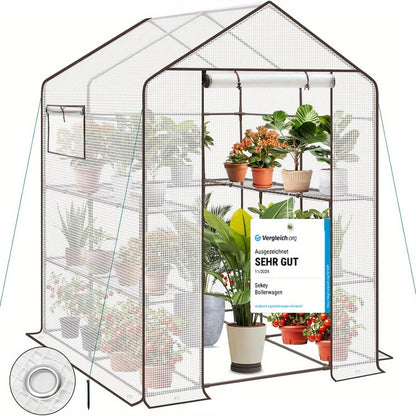 Meerlaagse Kas – Standaard Kas – Plantenkas – Balkon Kas – Tuinkas – Roestvrij Staal Frame – 10 Verstelbare Planken – Ademend PE-Materiaal – Ventilatieopeningen – 145x145x200 cm – Witte Variant