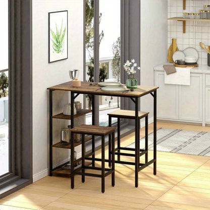 3-delige Tafelset – Eettafelset – Keukentafel – Barkrukken Set – Tafel Met Opbergruimte – Rustiek Bruin En Zwart – Compact Formaat 109x60x100 cm – Stevig Spaanplaat En Stalen Frame