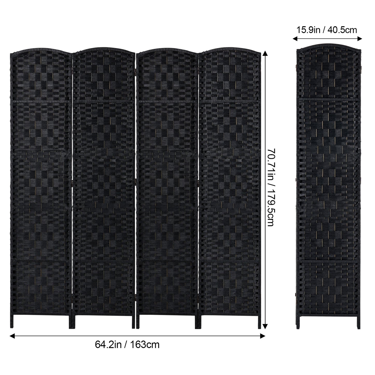 Kamerscherm – Room Divider – Scheidingswand – Paravent – Privacy Scherm – 4 Panelen – Handgeweven Rattan Papier – Paulownia Hout – 360° Draaibare Scharnieren – Zwart