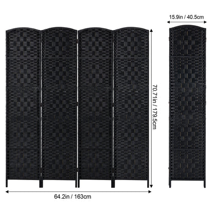 Kamerscherm – Room Divider – Scheidingswand – Paravent – Privacy Scherm – 4 Panelen – Handgeweven Rattan Papier – Paulownia Hout – 360° Draaibare Scharnieren – Zwart
