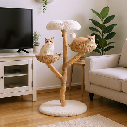 Kattenboom – Krabpaal – Kattenmeubel – Kattenhuis – Klimpaal – 122 CM Hoog – Massief Houten Stam Met Rattan Manden