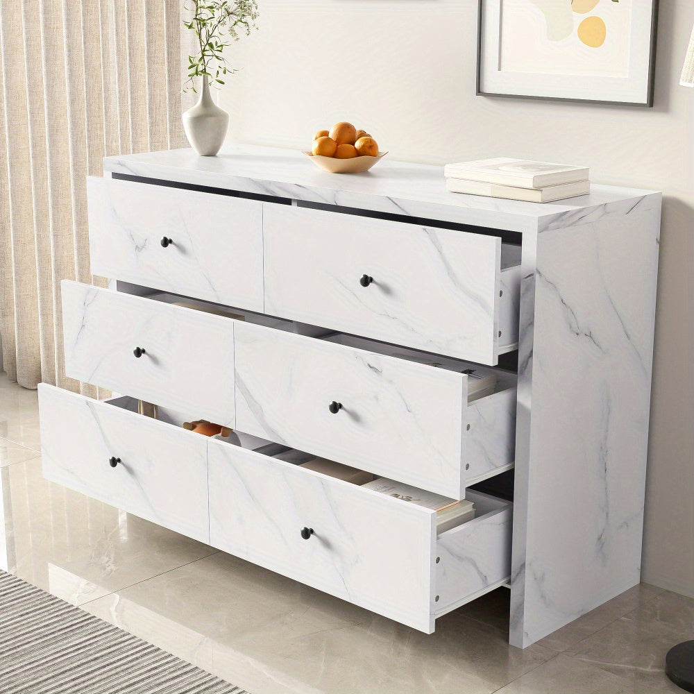 Opbergkast – Kast – Ladenkast – Bergkast – Dressoir – Wit Met Marmerlook – 120 cm Breed – Zes Lades Met Anti-Kantelmechanisme