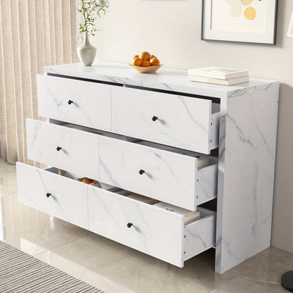 Opbergkast – Kast – Ladenkast – Bergkast – Dressoir – Wit Met Marmerlook – 120 cm Breed – Zes Lades Met Anti-Kantelmechanisme