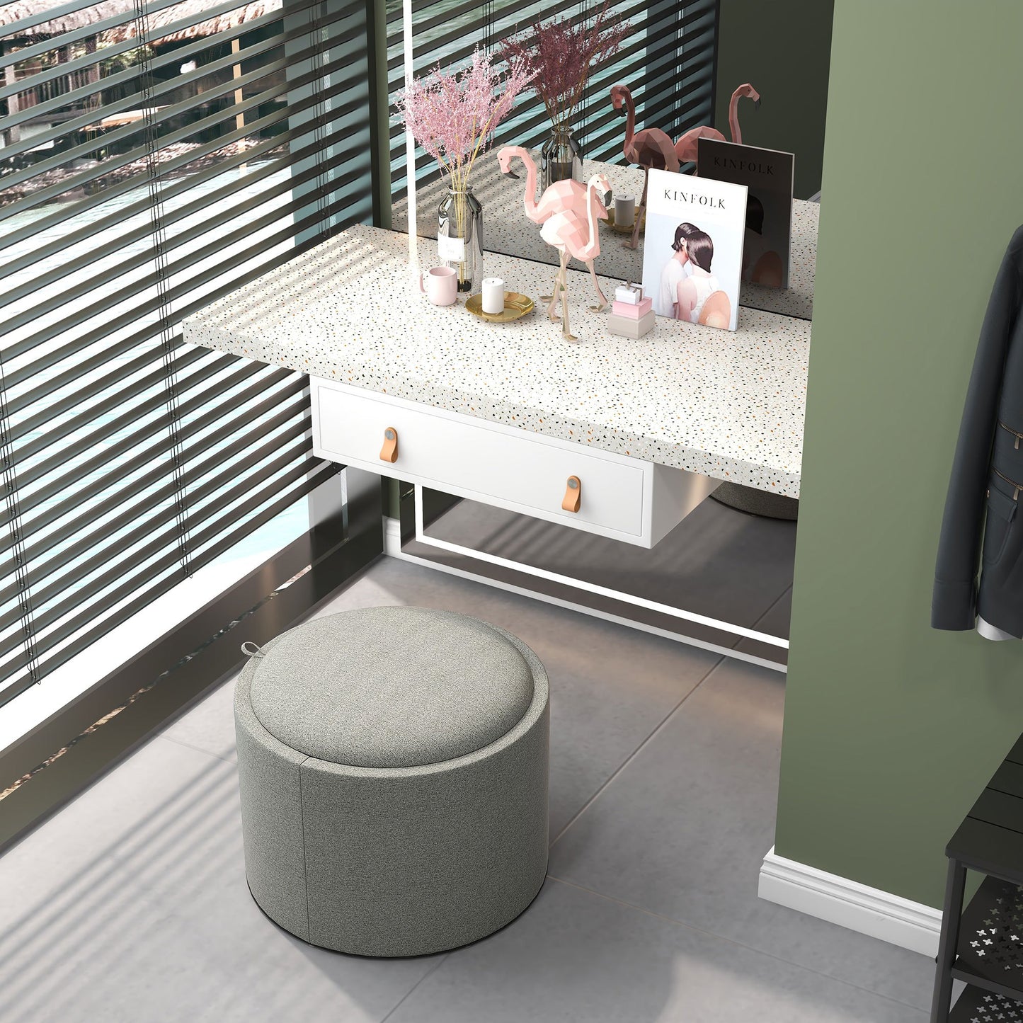 Hocker – Poef – Zitbank – Opbergbank – Voetenbank – Draaibaar Deksel – Ruime Opbergruimte – Stof Linnen-Look – 56x56x42 cm