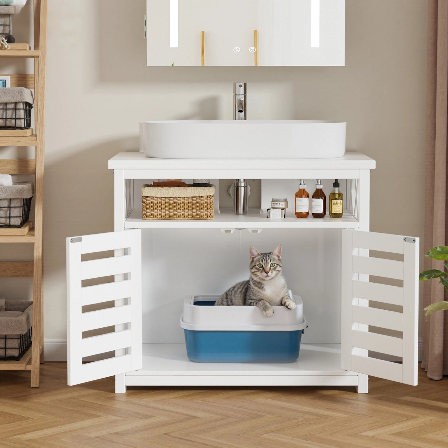 Kattenbakmeubel – Kattenkast – Kattenbakkast – Kattenhuis – Kattenbakombouw – Multifunctioneel 2-in-1 – Robuust Vochtbestendig Hout 65x45x60 cm