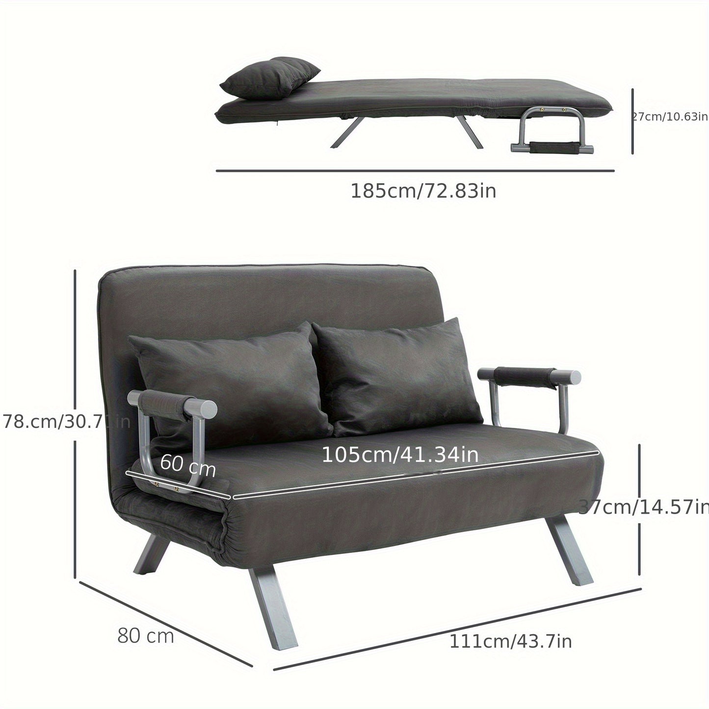 2-Zits Slaapfauteuil – Slaapbank – Bedfauteuil – Loungestoel – Gastensofa – Multifunctioneel 3-in-1 Design – Compact 65x69x80 cm – Micro-suède Grijs
