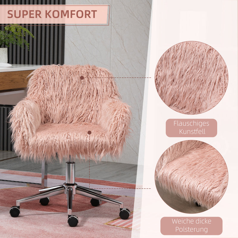 Bureaustoel – Bureaustoel met Armleuningen – Werkstoel – Kantoormeubilair – Roze Kunstvacht – Verstelbare Hoogte – Roestvrijstalen Frame – Zachte Pluche Bekleding