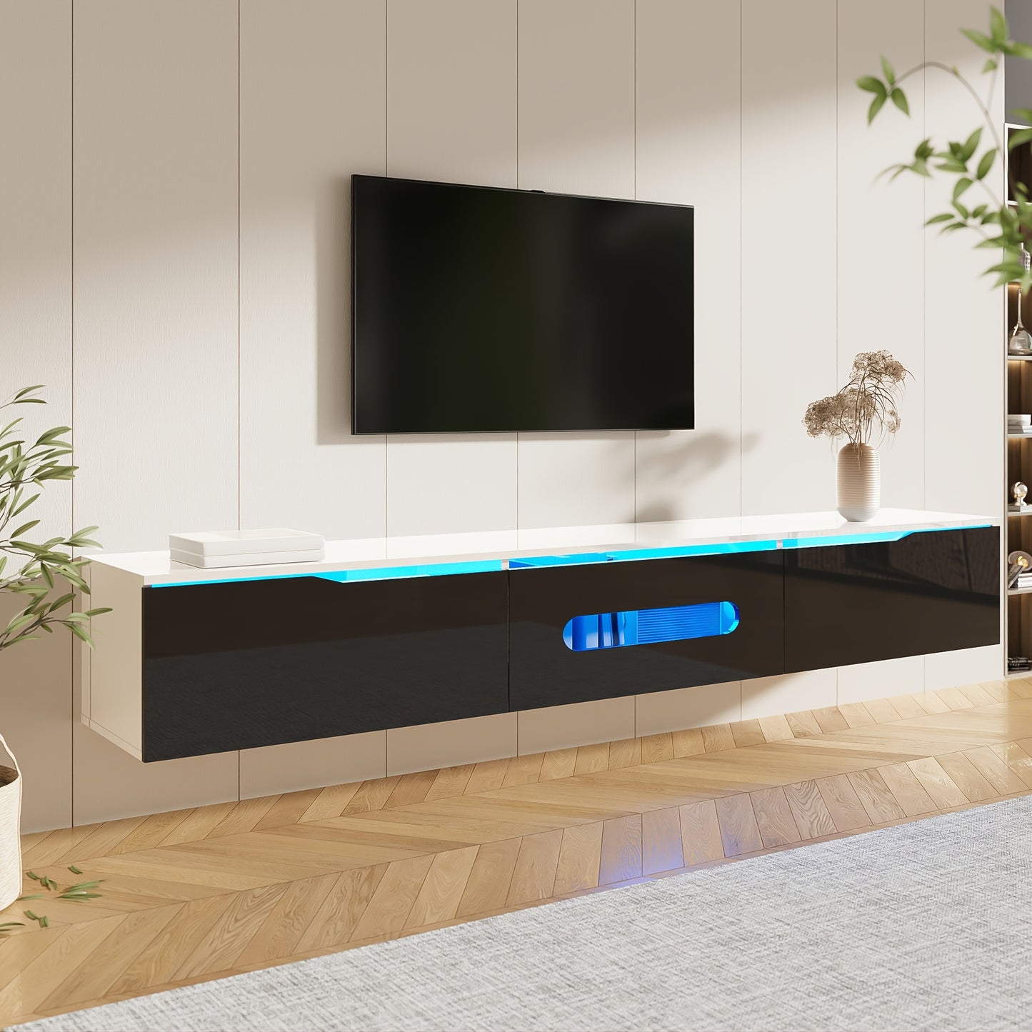 Tv Meubel – Tv Kast – Tv Meubel Set – Media Meubel – Tv Dressoir – Zwart-Wit – 180 cm Lang – Hoogglans Afwerking – Wandmontage Mogelijk
