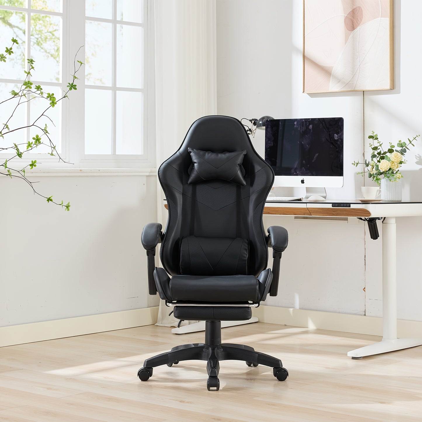 360° Rotating Racing Car Design Lounge Chair, Gaming Chair, High-back Office Chair, Height Adjustable, with Wheels, Footrest, Headrest And Lumbar Support.