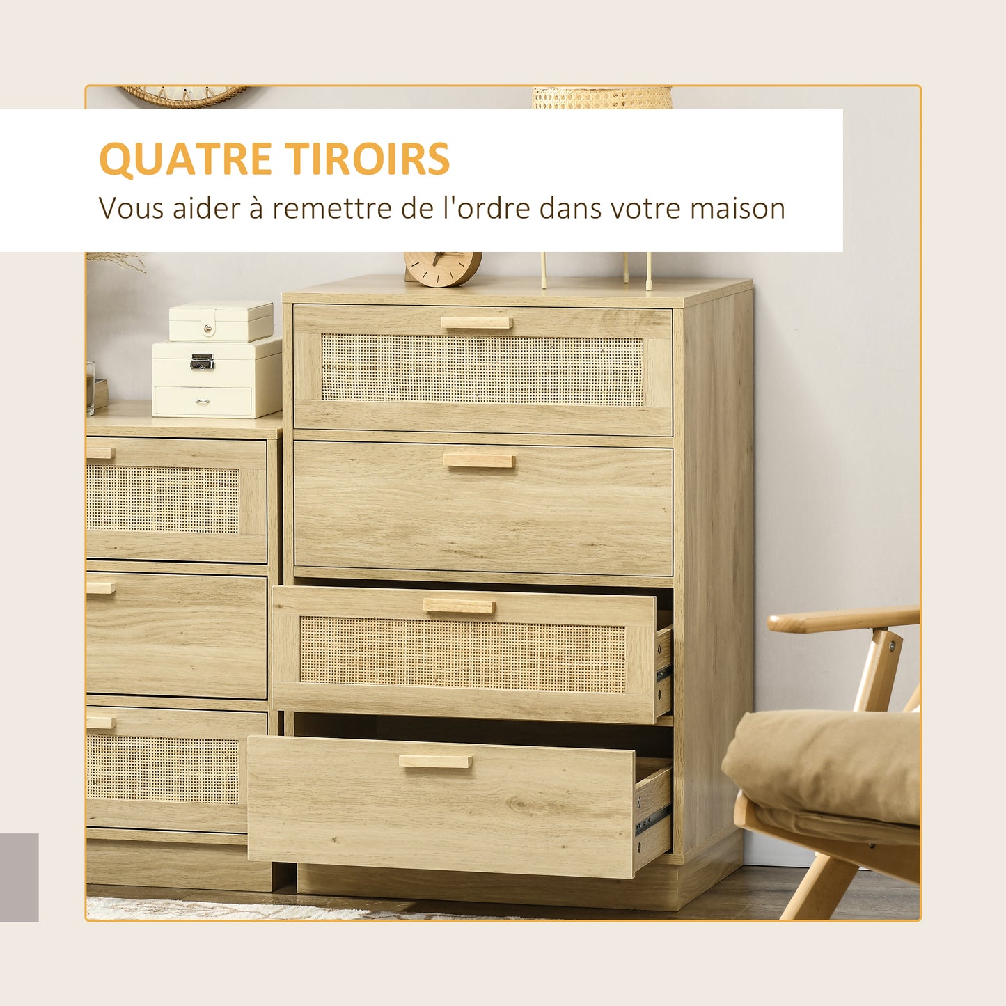 Ladekast – Ladenkast – Kommode – Opbergkast – Dressoir – Bohemian Design – Natuurlijk Houten Frame – 4 Ruime Lades – 60x38x88,5 cm