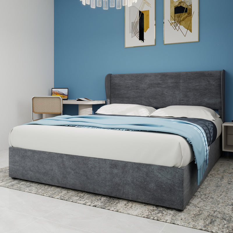 Bed – Ledikant – Slaapbank – Boxspring – Bedframe – Grijs Fluwelen Hoofdbord – Opbergruimte Met Gaslift – 160x200 cm – Modern Minimalistisch – Geen Montage Nodig
