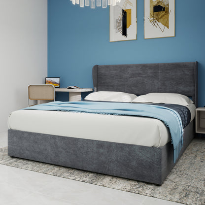 Bed – Ledikant – Slaapbank – Boxspring – Bedframe – Grijs Fluwelen Hoofdbord – Opbergruimte Met Gaslift – 160x200 cm – Modern Minimalistisch – Geen Montage Nodig