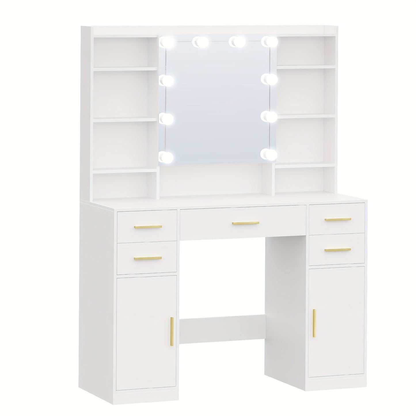 Kaptafel met Spiegel – Make-uptafel – Toilettafel – Dressoir – Schoonheidstafel – Wit – 5 Lades & 9 Open Vakken – Verborgen Opbergruimte – Modern Minimalistisch Design
