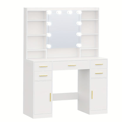 Kaptafel met Spiegel – Make-uptafel – Toilettafel – Dressoir – Schoonheidstafel – Wit – 5 Lades & 9 Open Vakken – Verborgen Opbergruimte – Modern Minimalistisch Design