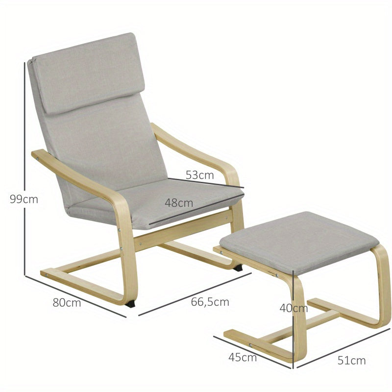 Lounge Set – Fauteuil – Relaxstoel – Leunstoel – Voetkruk – Lichtgrijs – Polyester Linnenbekleding – Inclusief Voetkruk – Stevig Houten Frame