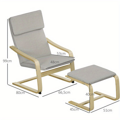 Lounge Set – Fauteuil – Relaxstoel – Leunstoel – Voetkruk – Lichtgrijs – Polyester Linnenbekleding – Inclusief Voetkruk – Stevig Houten Frame