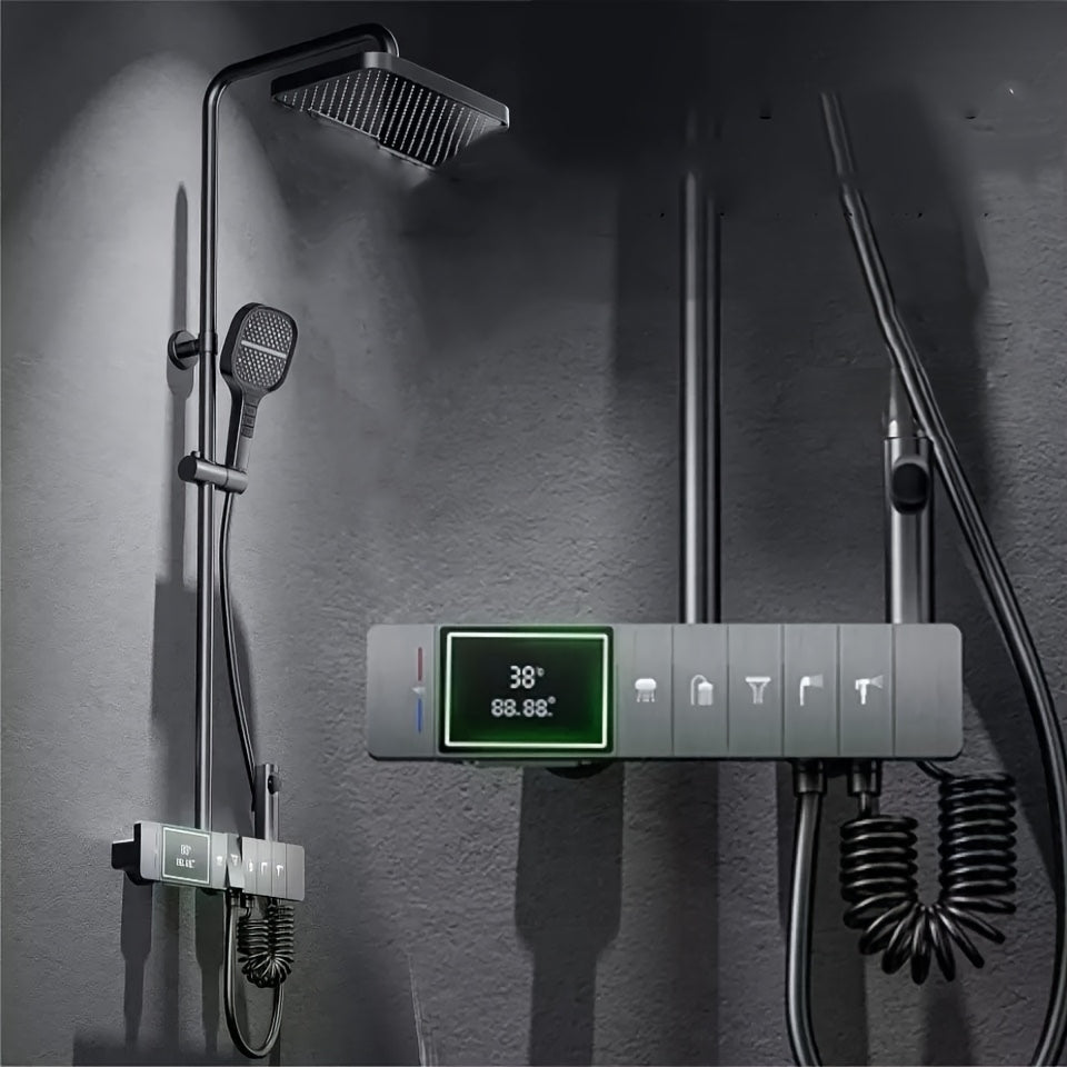 Slimme Douche Systemen – Digitale Douchekraan – Regen Douchekop – Waterval Kraan – Wandgemonteerd Bad Set – 5 Snelheden & Temperatuur Instelbaar – Real-Time Display (Gun Grijs)