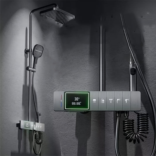 Slimme Douche Systemen – Digitale Douchekraan – Regen Douchekop – Waterval Kraan – Wandgemonteerd Bad Set – 5 Snelheden & Temperatuur Instelbaar – Real-Time Display (Gun Grijs)
