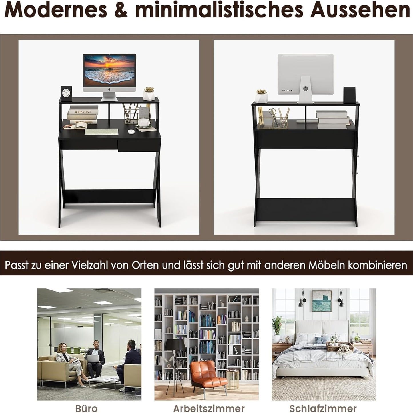 Computertafel – Computerbureau – Bureautafel – Schrijftafel – Werkplek – Met Lade – Monitorverhoger – Stevig X-Frame – Zwart – 90x61x94 cm