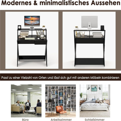 Computertafel – Computerbureau – Bureautafel – Schrijftafel – Werkplek – Met Lade – Monitorverhoger – Stevig X-Frame – Zwart – 90x61x94 cm