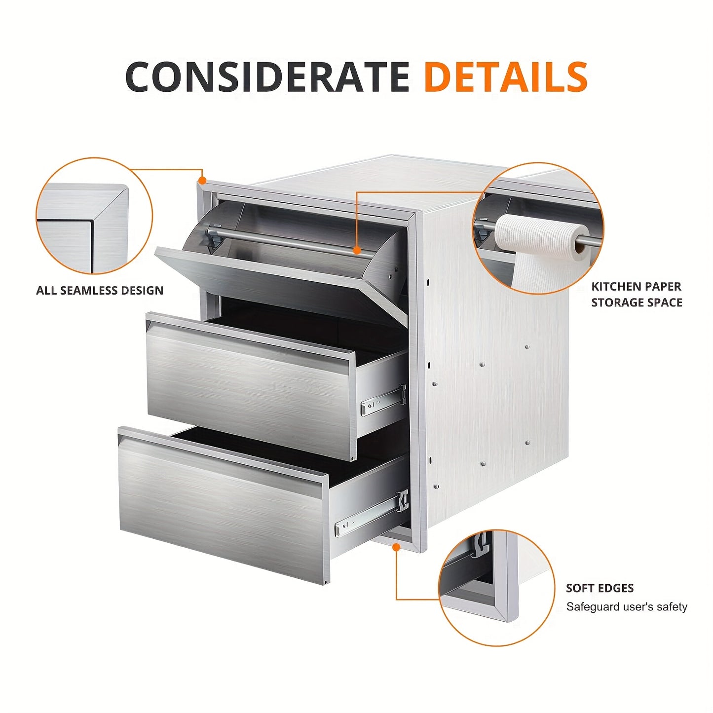 Buitenkeukenlade – BBQ Lade – Opberglade – RVS Lade – Buitenlade – Roestvrij Staal – Geïntegreerde Papieren Houder – 45,7 x 58,4 x 58,4 cm – Weerbestendig & Soepel Uitschuifsysteem