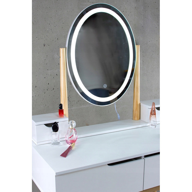 Kaptafel – Make-uptafel – Toilette – Schminktisch – Schoonheidstafel – LED-Verlichte Spiegel – 4 Lades – Mat Wit Met Beuken Hout