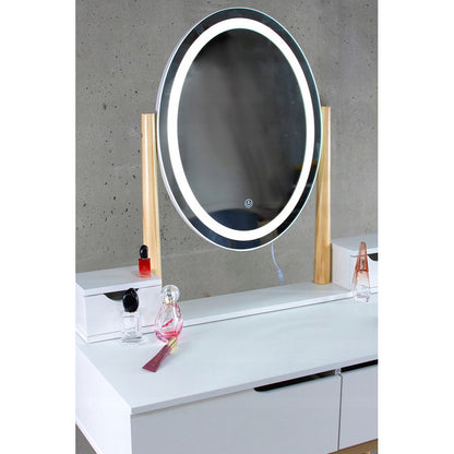 Kaptafel – Make-uptafel – Toilette – Schminktisch – Schoonheidstafel – LED-Verlichte Spiegel – 4 Lades – Mat Wit Met Beuken Hout