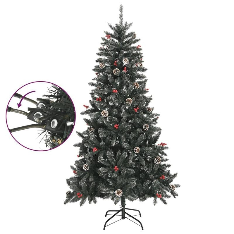 180cm Large Pre-Decorated PVC Artificial Christmas Tree with Stand - Full Tree with Pine Cones & Red Berries, Sturdy Steel Base, Dark Green & White Foliage, 30 Red/Black Ornaments, 28 Berry Clusters, 489 Pointed & 268 Straigh
