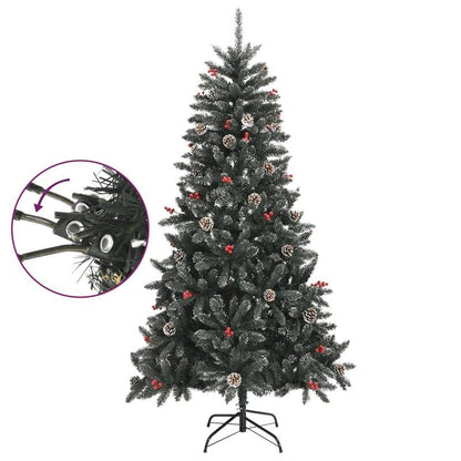 180cm Large Pre-Decorated PVC Artificial Christmas Tree with Stand - Full Tree with Pine Cones & Red Berries, Sturdy Steel Base, Dark Green & White Foliage, 30 Red/Black Ornaments, 28 Berry Clusters, 489 Pointed & 268 Straigh