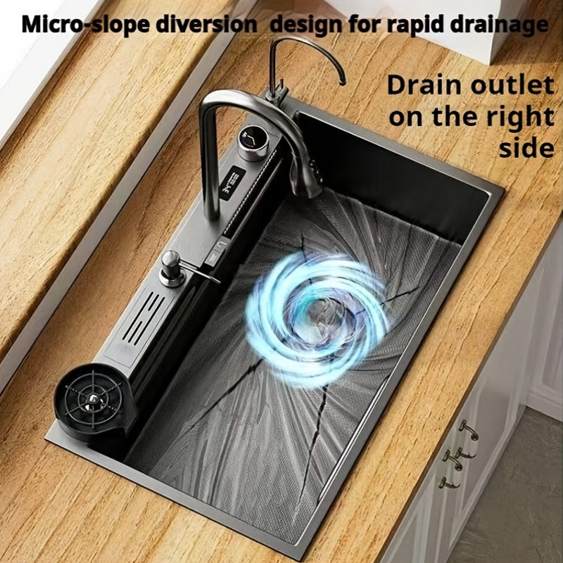 Digitale Keukenkraan – Keukenmengkraan – Watervalkraan – Spoelkraan – Kraan Met Display – Rechthoekige Spoelbak 75x45 cm – Vacuüm Afvoersysteem – Pull-Down Sproeikop