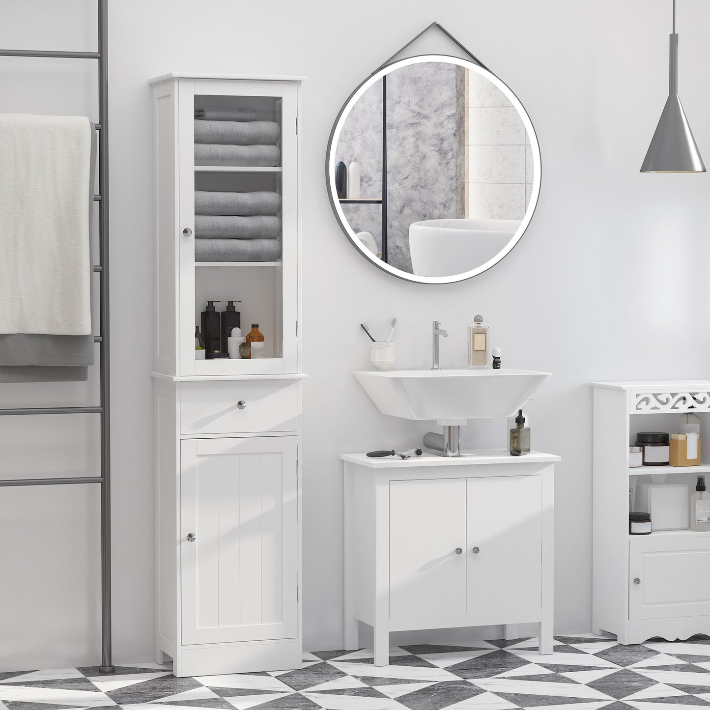 Kolomkast badkamer – kolommeubel – hoge kast – badkamerkast – kolomopberger – wit MDF – verstelbare planken – waterbestendig design