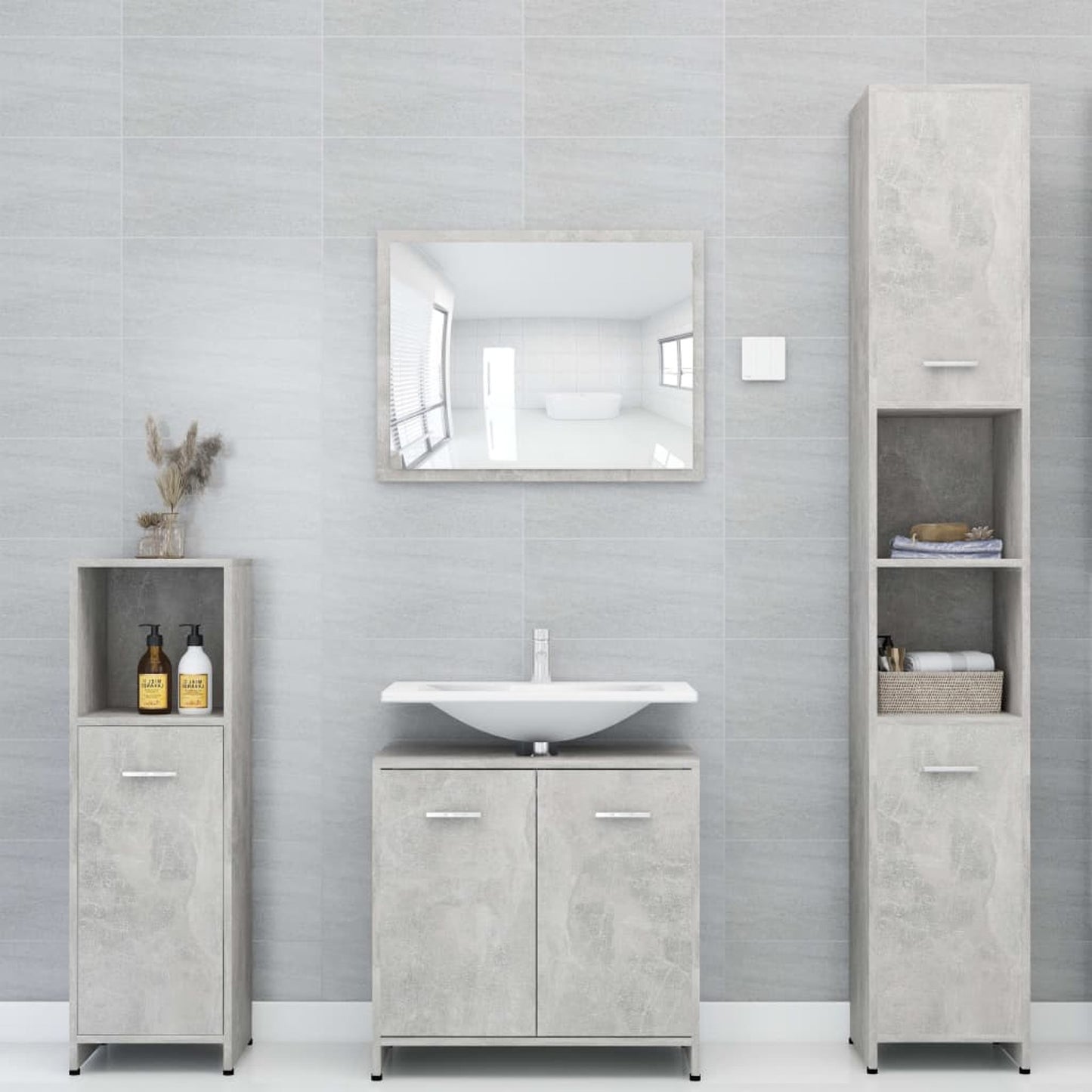 Badkamerkast – Opbergkast – Kolomkast – Kast Met Deuren – Smalle Badkamerkast – Beton Grijs – 30x30x183,5 cm – Gemaakt Van Hygiënisch Kunstmatig Hout