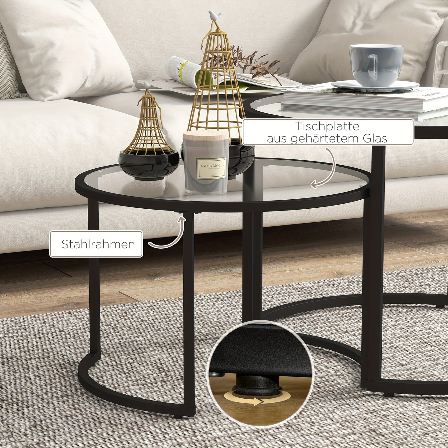 Salontafel Set – Bijzettafel – Side Table – Tafel – Lounge Tafel – Zwart Stalen Frame – Geharde Glazen Bladen – Deels Stapelbaar – Compact Formaat
