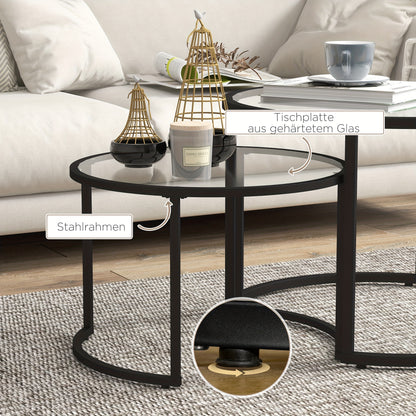 Salontafel Set – Bijzettafel – Side Table – Tafel – Lounge Tafel – Zwart Stalen Frame – Geharde Glazen Bladen – Deels Stapelbaar – Compact Formaat