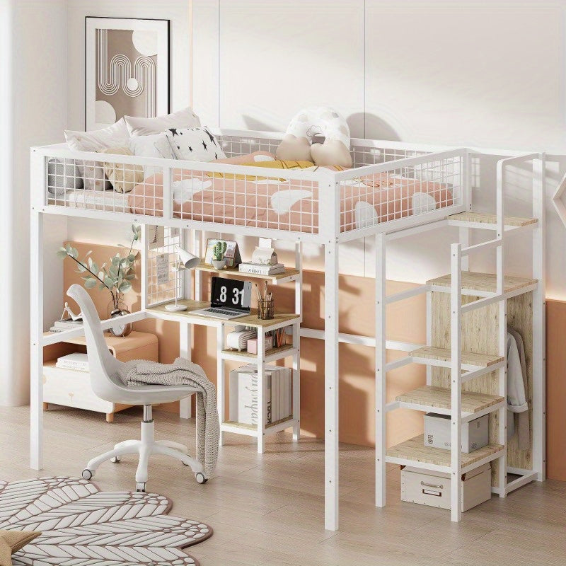 Hochslaper 140x200 – Hoogslaper – Halfhoogslaper – Stapelbed – Kinderbed – Met Veiligheidsrail – Met Metalen Frame – Inclusief Kledingkast en Bureau – Wit – Compact en Ruimtelijk
