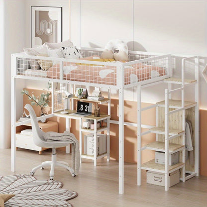Hochslaper 140x200 – Hoogslaper – Halfhoogslaper – Stapelbed – Kinderbed – Met Veiligheidsrail – Met Metalen Frame – Inclusief Kledingkast en Bureau – Wit – Compact en Ruimtelijk