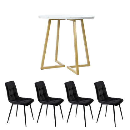 Eettafelset – 5-delig – Ronde Eettafel – Keukentafel – Stoelenset – Compact Diner – Ø80 cm – Wit MDF Tafelblad – Zwarte Fluwelen Stoelen